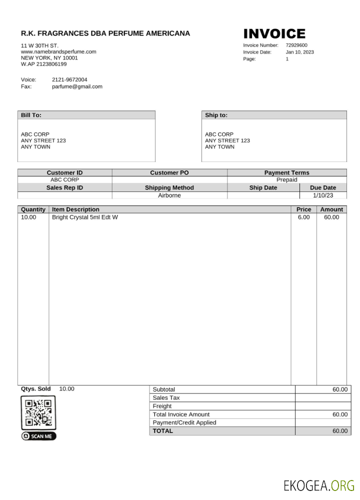 États , Unis R.K. Modèle Word et PDF de facture Parfums DBA Parfum Americana